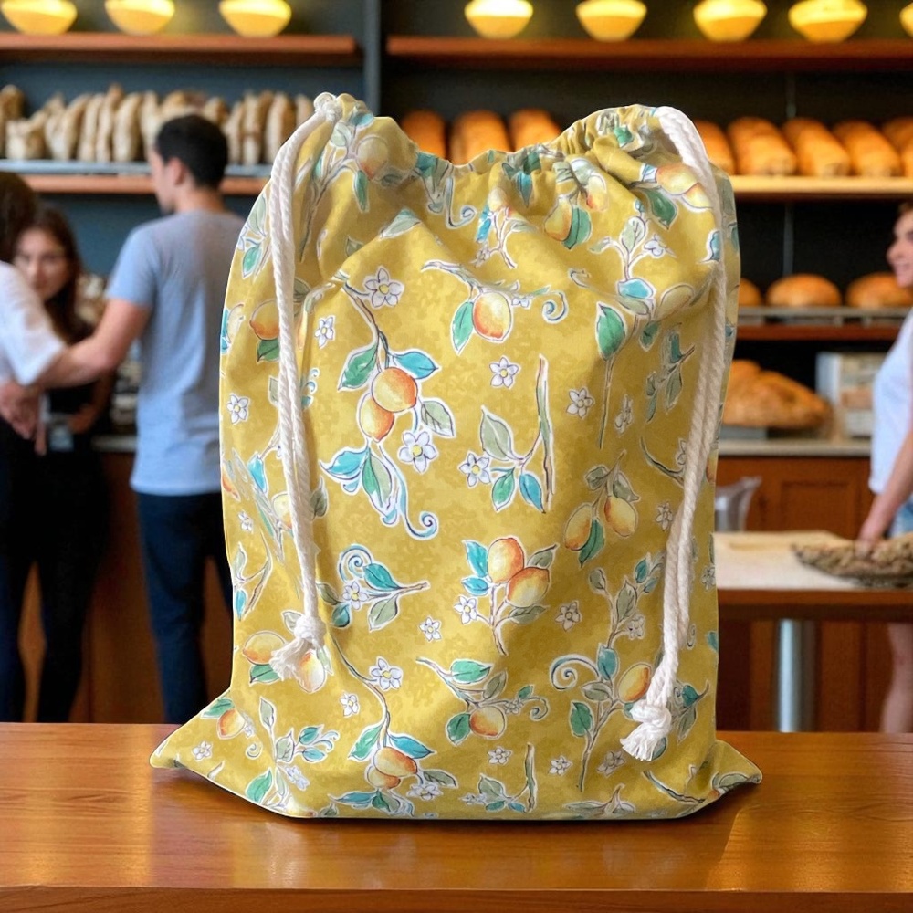 Yellow Lemon Cotton Bread Bag, Reusable Sourdough Storage Bag, Drawstring Bread